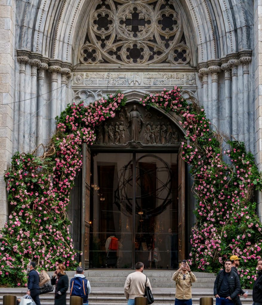 Flowers covering the entrance of a Saint Patrick's Cathedral, New York