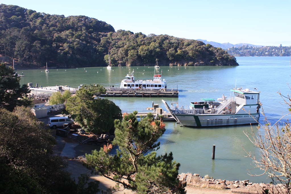 Ferry boats and hiking trail on Angel Island near San Francisco