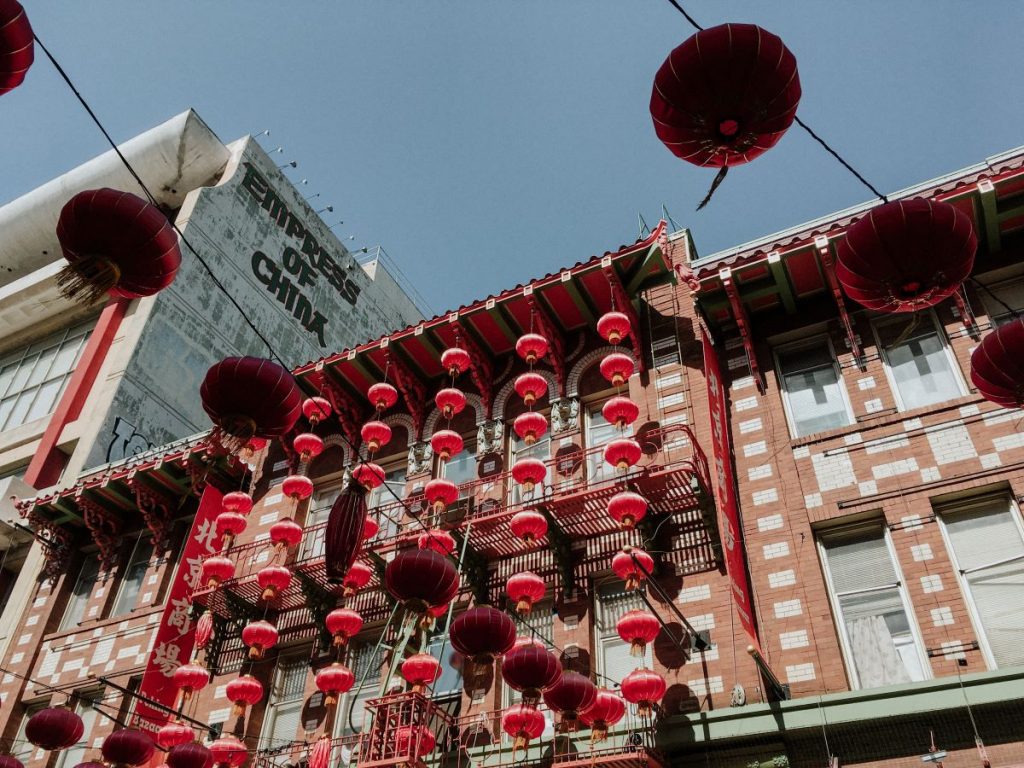 Chinese lanterns hang off a building in Chinatown, San Francisco.