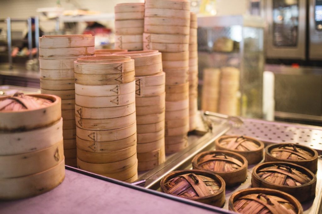 Stacks of bamboo steamer baskets.