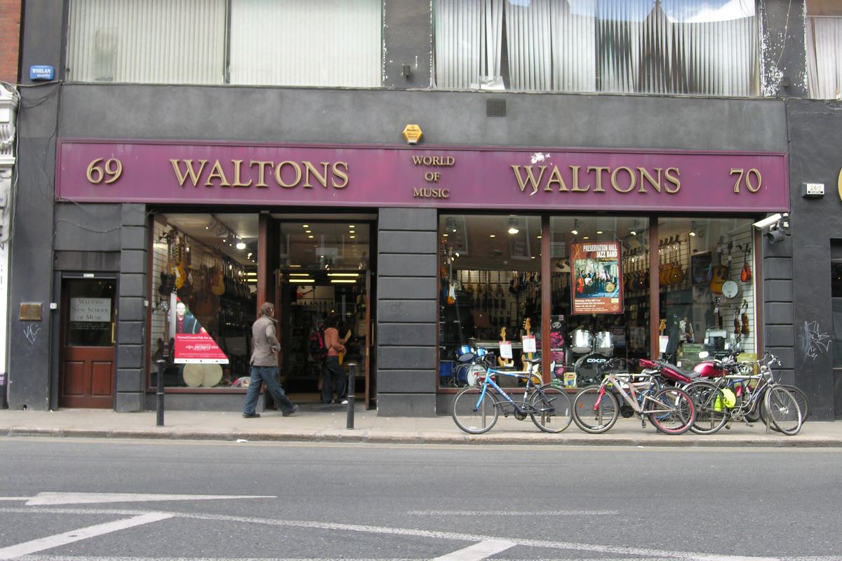 street view of music store with red sign