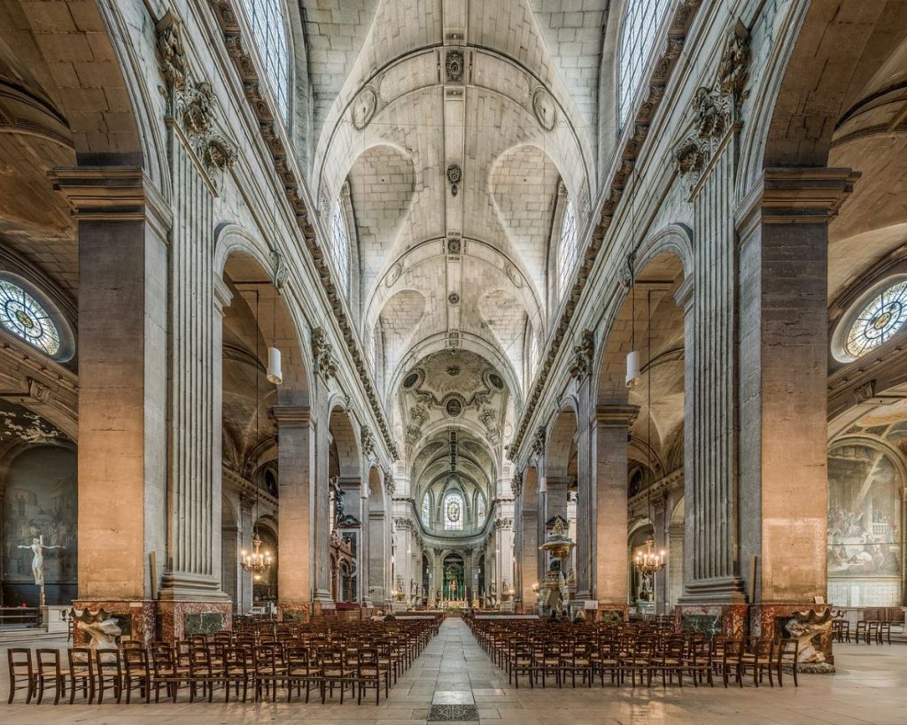 The interior of Saint-Sulpice in Paris, one of many famous churches in Paris. 