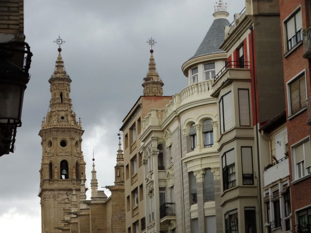 Facades of downtown buildings in Logroňo, Spain. One of the day trips from San Sebastian you can visit. 