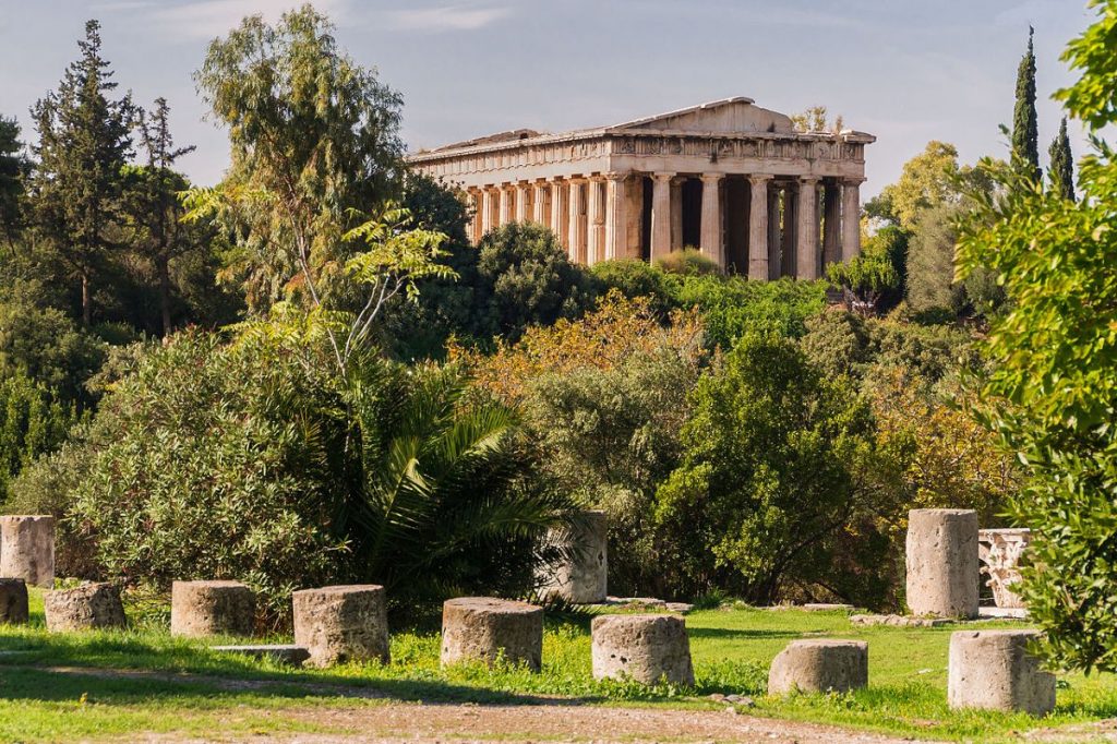 The temple of Hephaestus at the Ancient Agora in  Athens, Greece. These are well intact Greek ruins in athens.