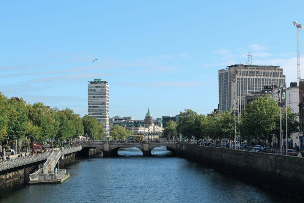 wide river with buildings on either side connected by bridge.