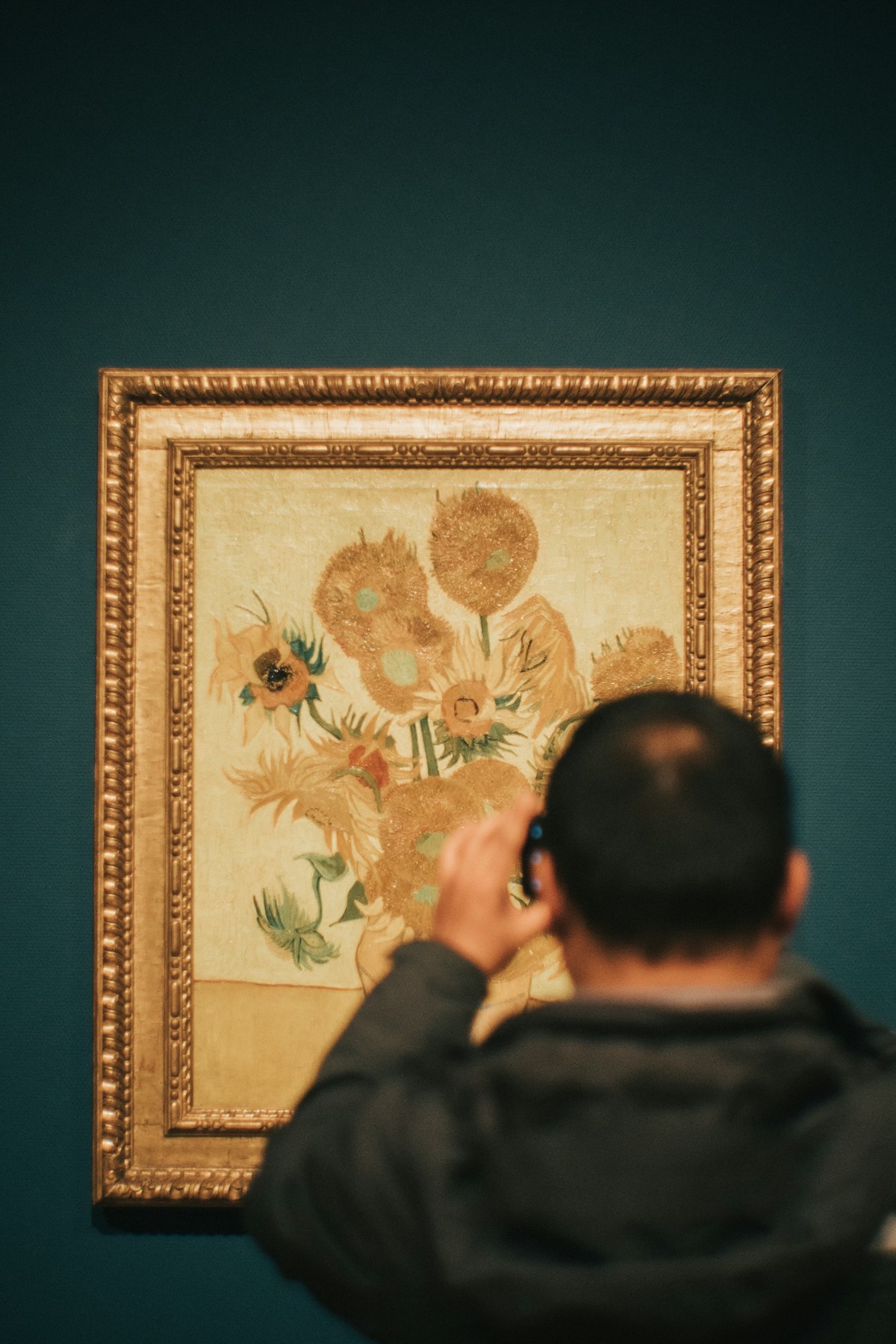 Famous Sunflowers painting with person looking at it.
