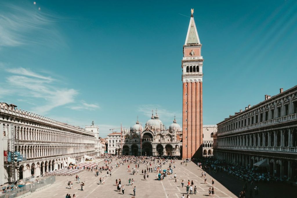 Wide view of St. Mark's Square and Basilica in Venice