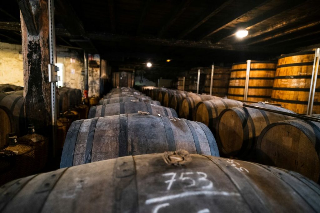 Rows of wine barrels in a wine cellar.