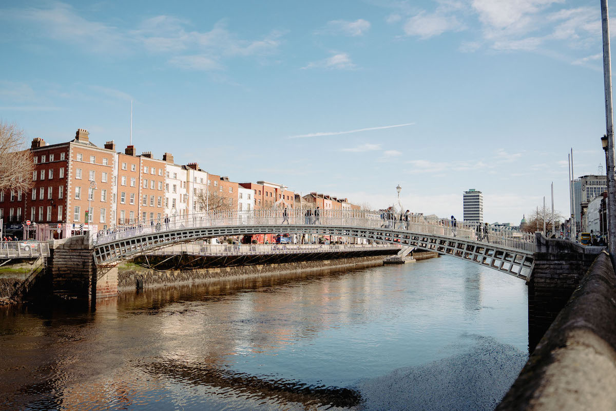 Clear sky in Dublin with a bridge and a river