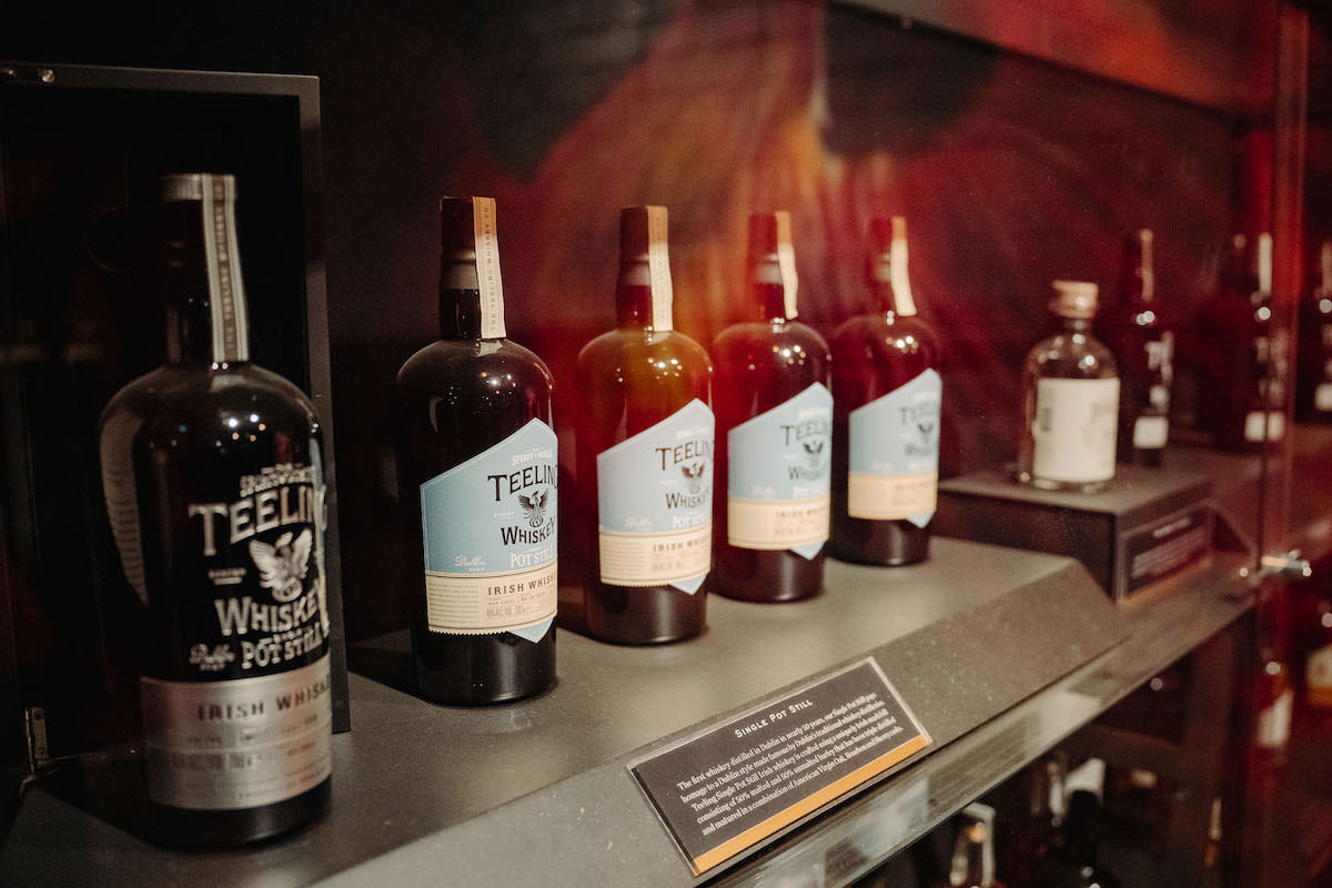 Single pot still bottles of whiskey in Dublin distillery