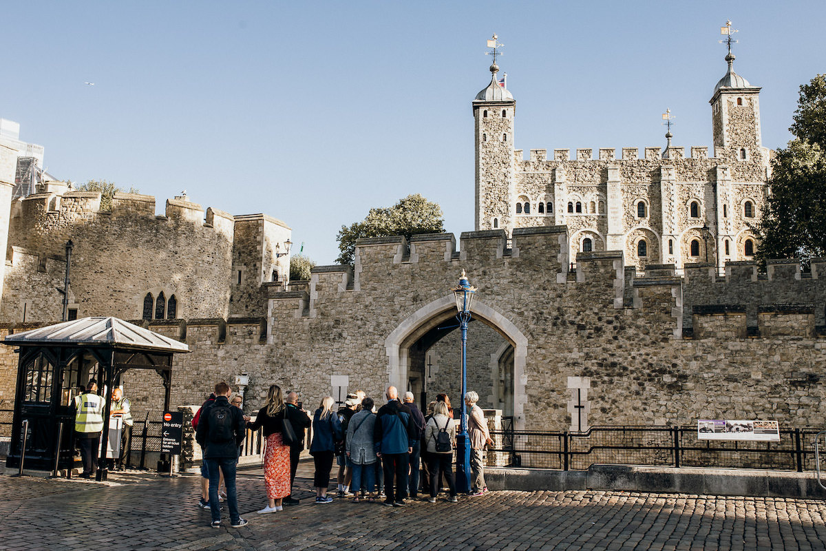 Entrance to the Tower of London with a group queuing