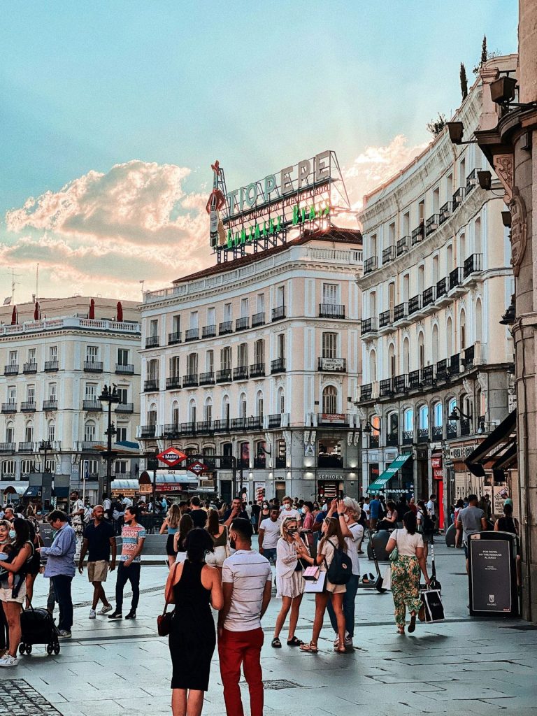 People walking around Sol in Madrid. 