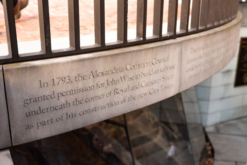 A plaque at Gadsby's Tavern where the old ice well used to be in use. 