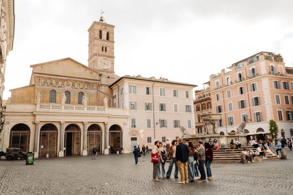 People hanging out in the Trastevere neighborhood in Rome. 